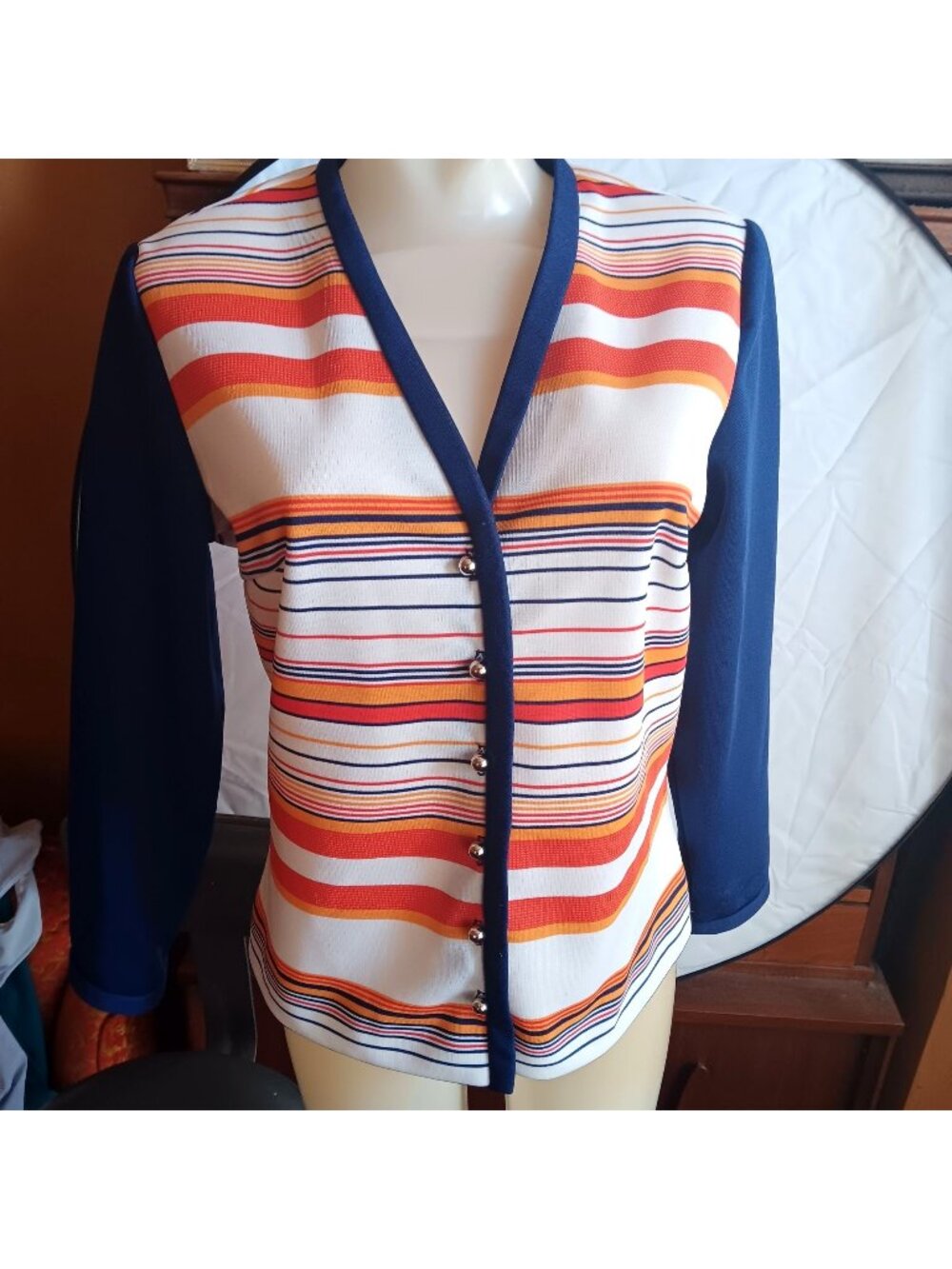 Knit Striped Polyester Vintage Women's Medium Cardigan Blouse Vicky Vaughn 1970s